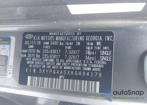 2019 Kia Sorento 3.3L Lx z USA, uszkodzony, nr VIN 5XYPG4A5XKG494179